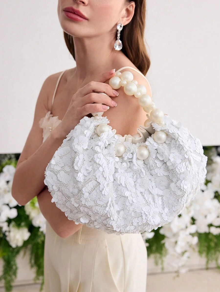 MOTF PREMIUM WOMEN'S FASHIONABLE ELEGANT SEQUIN FAUX PEARL TOP HANDLE BAG - White - View 1