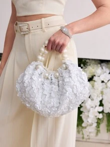 MOTF PREMIUM WOMEN'S FASHIONABLE ELEGANT SEQUIN FAUX PEARL TOP HANDLE BAG - White - View 5