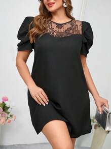 SHEIN Clasi Elegant Lace Patchwork Plus Size Women Short Puff Sleeve Dress,Summer Outfits For Women, Vacation Outfits Woman,Summer Dresses For Women,Business Casual Woman,Going Out ,Office Wear Women,Spring Dresses For Women,Festival,Old Money , V Neck Dress,Dresses For Women Elegant,Classy Outfits For Women,Elegant Woman Clothing,Plus Size Dresses Elegant,Modest Dresses For Women,Modesty Clothes Women,Romantic Dresses - Black - View 5