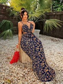 SHEIN SXY Váy Chiffon Dáng Chữ A In Hình Cây Nhiệt Đới Kỳ Nghỉ Hè Phong Cách Bãi Biển BOHO - Nhiều màu - Xem 4