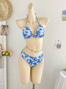 Soleia Swim Suits For Women,Summer Outfits For Women,Boho,Bikini Set,Beachwear,Vacation Outfits Woman,Beach Outfits For Woman,3 Piece Set - Women's V-Neck Halter Tied Wrap Cover Up Skirt & Bikini Set With Floral, Linear & Architecture Print, Suitable For Vacation, For Summer Beach - Blue and White - View 3