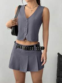 SHEIN MOOSTA Conjunto de 2 piezas para mujer con chaleco de un solo abotonadura de unicolor y falda mini plisada - Gris - Ver 3