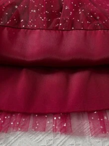 Glamorique Kids Fete tinere, magenta, paiete și plasă, decor stea, guler cu mânecă lungă, fundă, rochie de prințesă, petrecere și ocazie de Valentine, primăvară/toamnă