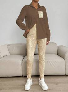 SHEIN LUNE 2pcs Women Set - Solid Color Front Button Long Sleeve Top & Pants Fall Cloth For Women - Khaki - View 5