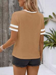 SHEIN LUNE 拉链半襟条纹短袖 T 恤图案 T 恤女式上衣 - 彩色 - 查看 2