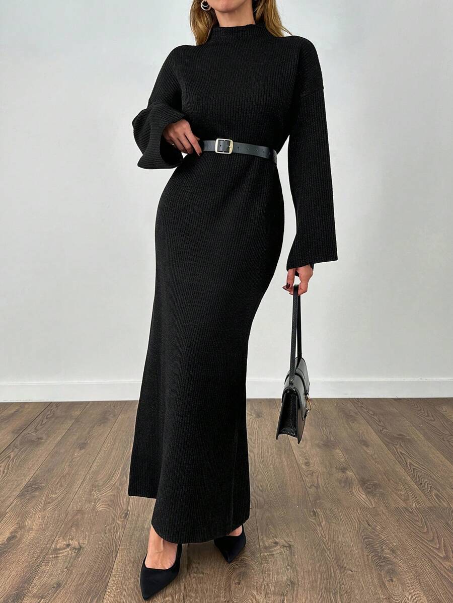 EURMUSE Sparkling Black Ribbed Knit Midi Dress – Sleek And Elegant Evening Style - Black - View 1