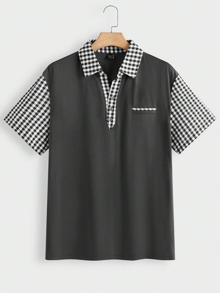 Manfinity Homme Camisa polo de manga corta casual de hombre a cuadros con parches