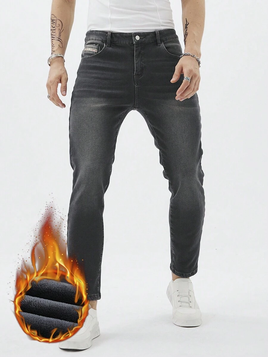Manfinity Homme Men's Thermal Lined Pockets Casual Fashionable Versatile Denim Jeans - Black - View 1