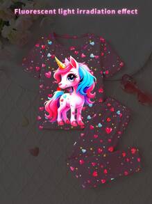 2pcs/Set Young Girl Cute Heart & Unicorn Print Short Sleeve T-Shirt And Pants Set, Glow In The Dark, Suitable For Outdoor Wear Summer Holiday