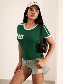 SHEIN Unity Women's Color Block Fitted Short Sleeve Top, Casual And Fashionable For Everyday Wear - Green - View 3