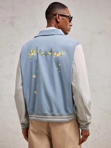 AKNOTIC Business Casual Men's Light Blue Floral Print Woven Panel Contrast Color Casual Jacket, Slim Fit, Suitable For Spring/Summer, Couples, Valentine's Day, Daily Commute
