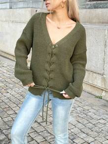 Grüner V-Ausschnitt Pullover mit gekreuzten Trägern, lässig für Herbst/Winter