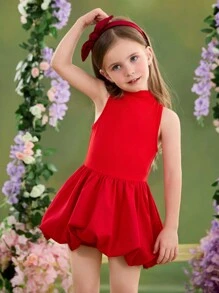 PrepCrw Váy đỏ bó sát không tay đan màu trơn cho bé gái, trang phục ngày lễ tình nhân - Đỏ - Xem 5