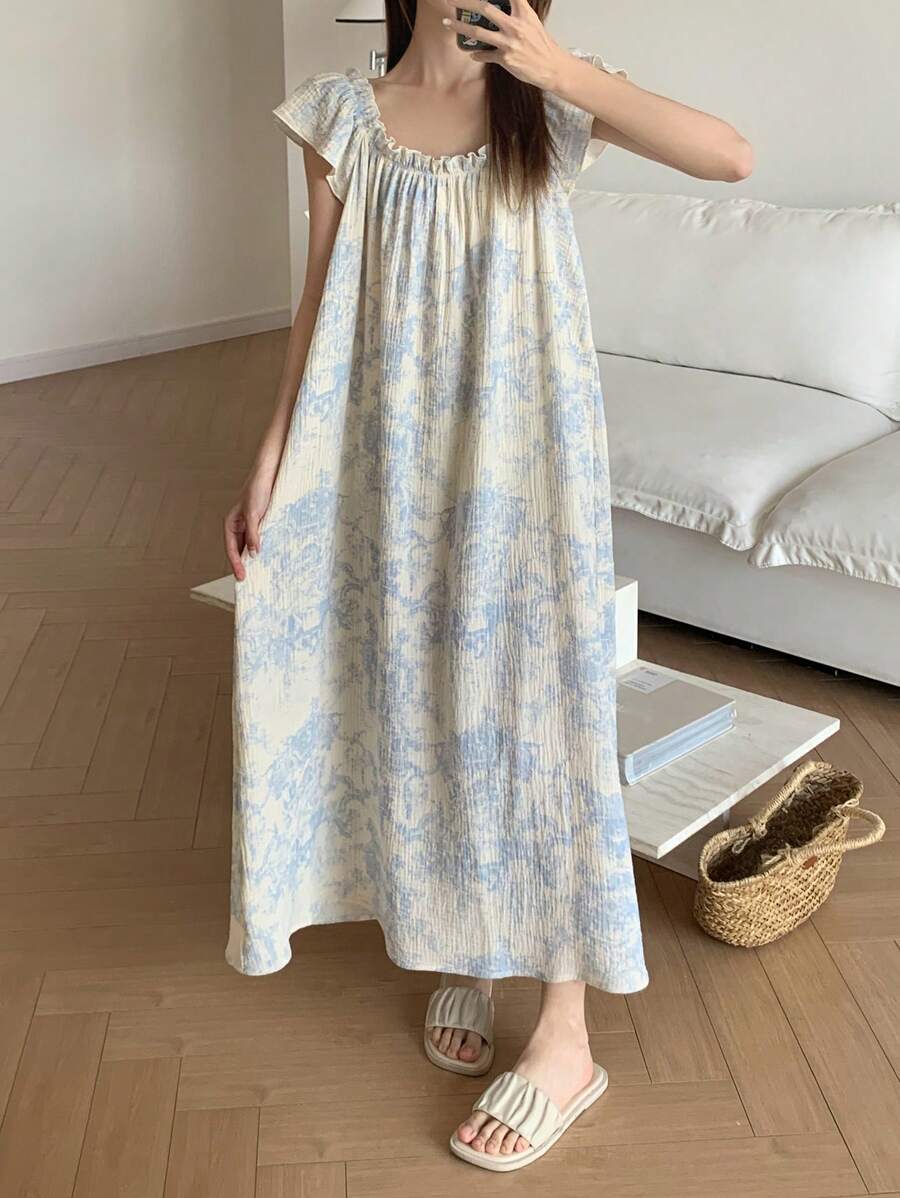 DAZY 女士浪漫满身印花荷叶边袖睡袍，褶皱面料睡衣，Moo Moo