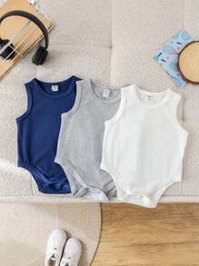 SHEIN Leap Crew 3pcs/Set Baby Boy & Baby Girl Solid Color Knitted Sleeveless Bodysuit Set - Multicolor - View 8