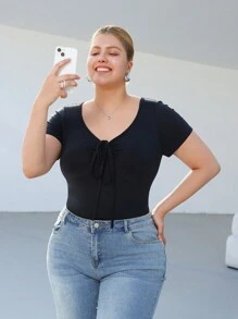 SHEIN EZwear Plus Size Women Solid Color V-Neck Short Sleeve Front Tie Casual Bodysuit For Spring - Black - View 4