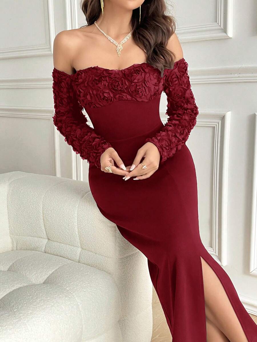 Modelyn 女士纯色长袖修身休闲日常酒红色连衣裙 - 酒紅色 - 查看 1
