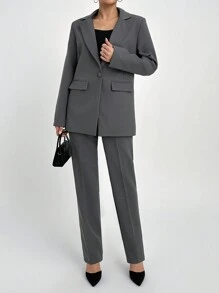 SHEIN Tall Women Solid Color Front Button Pocket Detailed Collar Neck Cardigan & Sweater Skirt Set, Tall Women - Grey - View 4