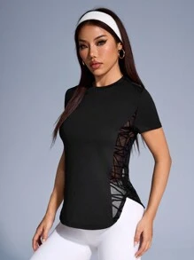 Eassivo Eassivo Camiseta de manga corta para gimnasio y yoga con parches simples en los laterales para mujer - Negro - Ver 6