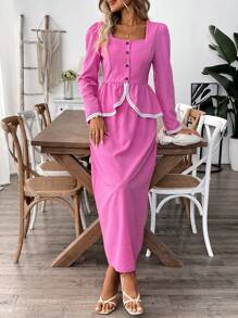 SHEIN Clasi Women Square Neck Long Sleeve Top And A-Line Skirt, 2 Pieces Set, Casual & Fashionable For Everyday Wear