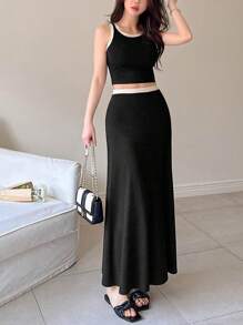 DAZY 2 件套女士优雅裹身吊带背心套装，春夏 - 黑色 - 查看 5