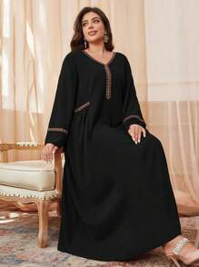 Al Najma 加大码新款女式亮片口袋天鹅绒和金属亮片带编织简约阿拉伯连衣裙，简约优雅长款 Jalabiya 阿拉伯连衣裙，适合日常休闲、长袍 - 黑色 - 查看 5