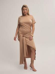 MUSERA Plus Size Slinky Short Sleeve Tie Side Asymmetric Hem Mini Dress For Black And White,Summer,Elegant,Date Night,Girls Night,Wedding Guest Outfit - Khaki - View 4