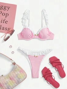 SHEIN MOD Women's Pink & White Romantic Date Bikini Summer Set, Beach Vacation Outfit - Pink - View 1