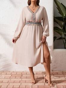 SHEIN LUNE Plus Size Long Sleeve Casual Retro Printed Waist Tassel Dress Sundress Linen Fabric - Beige - View 9
