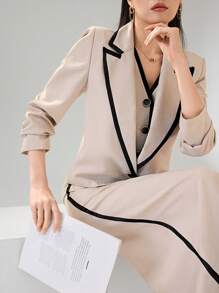 Modelyn Women's Elegant Commuter Contrast Trim Vest, Lapel Jacket And Skirt 3 PiecesSuit Set - Multicolor - View 2