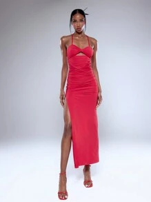 MUSERA 紧身扭纹细节褶皱长裙优雅春夏度假派对 - 紅色 - 查看 4