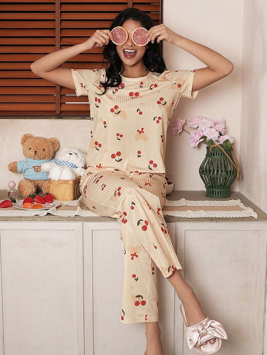 Romantic Girl Cherry Heart Bow Print Crew Neck Short Sleeve Pajamas Set - Apricot - View 1