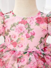 SHEIN Baby Girl Elegant Floral Print Organza Short Sleeve Dress, Summer - Pink - View 7