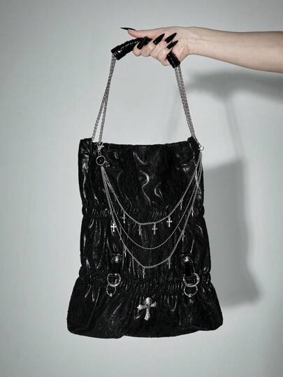 Goth Gothic Metal Cross & Skull Studs Women Shoulder Bag, Dark Lace Patchwork Bucket Tote, Halloween