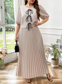 SHEIN Privé 2 件大码女式套装：短袖圆领黑色蝴蝶结简约优雅上衣和宽松长款百褶裙，适合通勤，灰色和杏色新品