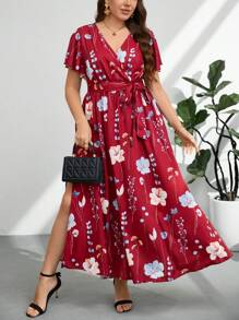 Firerie 大码女式夏季 V 领宽松随意花卉印花系带开衩连衣裙，度假风格 - 酒紅色 - 查看 5