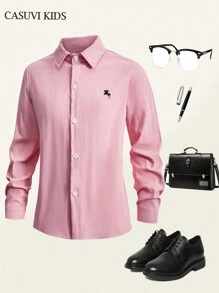 SHEIN Camicia casual versatile in rosa adatta per ragazzi pre-adolescenti, con design di polsini regolabili, adatta per varie occasioni, vita universitaria e uso quotidiano