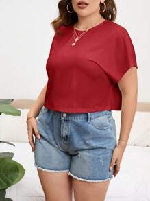 SHEIN Essnce 大码休闲舒适纯色短款 T 恤 - 紅色 - 查看 4