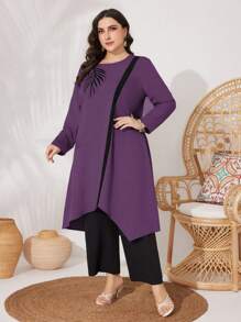 Mulvari 2pcs/Set Plus Size Casual Long Sleeve Top And Pants, Simple And Fashionable For Everyday Wear Fall - Purple - View 5
