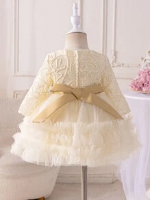 Glamorique Kids 女婴长袖网眼刺绣泡泡袖连衣裙，香槟色婴儿生日派对公主礼服，女婴洗礼礼服