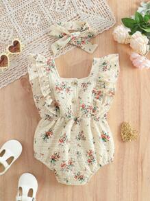 Baby Girls' Ruffle Hem Floral Print Bodysuit With Headband - Apricot - View 2