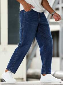 Manfinity Homme Men's Pocket Straight Loose Casual Versatile Jeans - Dark Wash - View 1