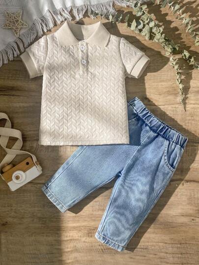 SHEIN Vintaside Kids Polo de niño bebé con patrón geométrico en el cuello y abotonado, color albaricoque, adecuado para uso casual diario, al aire libre, escuela, vacaciones, estilo elegante, apropiado para ocio familiar, deportes y fiestas