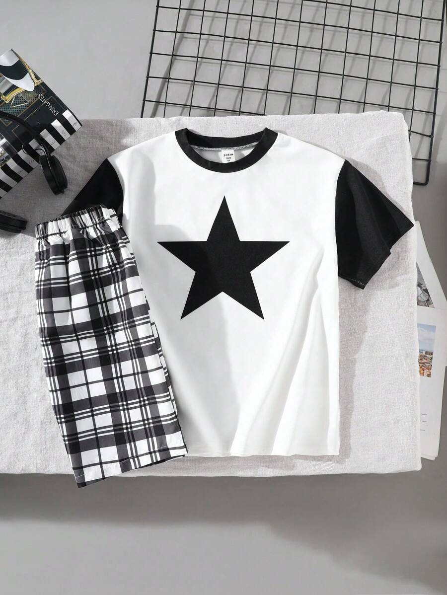 青少年男孩趣味五角星印花服装搭配黑白格子短裤，舒适弹力短袖短裤两件套休闲睡衣套装，夏季