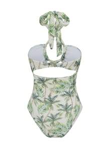 SHEIN Swim Traje de baño de una pieza con estampado de palmera tropical en jacquard de punto, con cuello halter y espalda descubierta, estilo bohemio para playa y festivales de verano