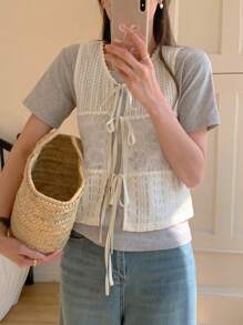 DAZY Damen Band-up Schleife Dekor Patchwork Crop Top Sommer Trägerhemd - Beige - Übersicht 4