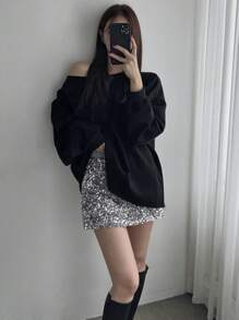 DAZY 女士亮片拼接A字裙，简约时尚休闲日常舞会裙，秋冬女裙新年嘉年华裙 - 灰色 - 查看 6