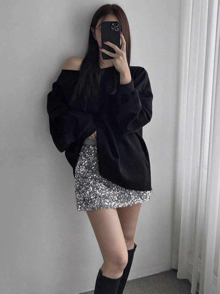 Women's Sequin Patchwork A-Line Skirt, Minimalist Fashion Casual Everyday Prom, Fall Winter Women Skirt New Years Women Carnival