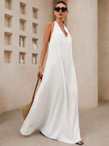 SHEIN VCAY Vestido casual de unicolor sin espalda de halter para vacaciones de mujer - Blanco - Ver 4