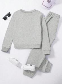 SHEIN 少女甜美大小姐休閒大學風長袖上衣和長褲，2件套裝 - 灰色 - 查看 2
